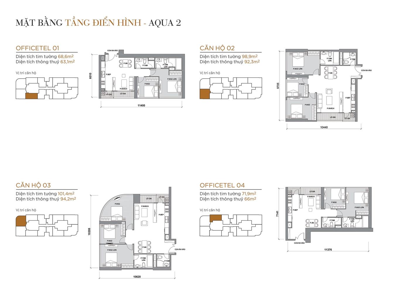 Layout thiết kế tầng điển hình Tòa Aqua 2 loại Officetel 01, Căn hộ 02, Căn hộ 03, Officetel 04.