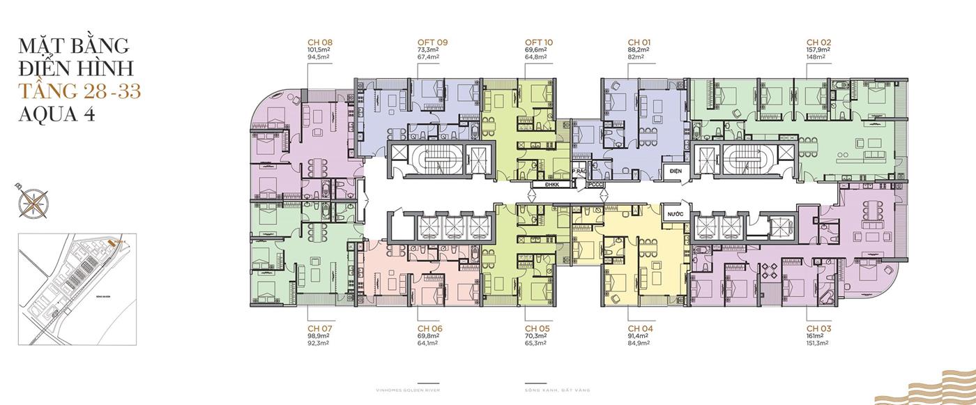 Măt bằng điển hình Tầng 28 đến Tầng 33 Tòa Aqua 4 Vinhomes Golden River.