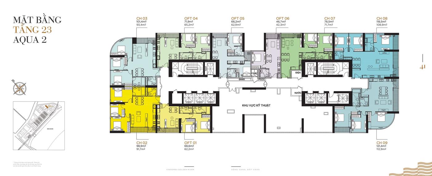 Măt bằng điển hình Tầng 23 Tòa Aqua 2 Vinhomes Golden River.