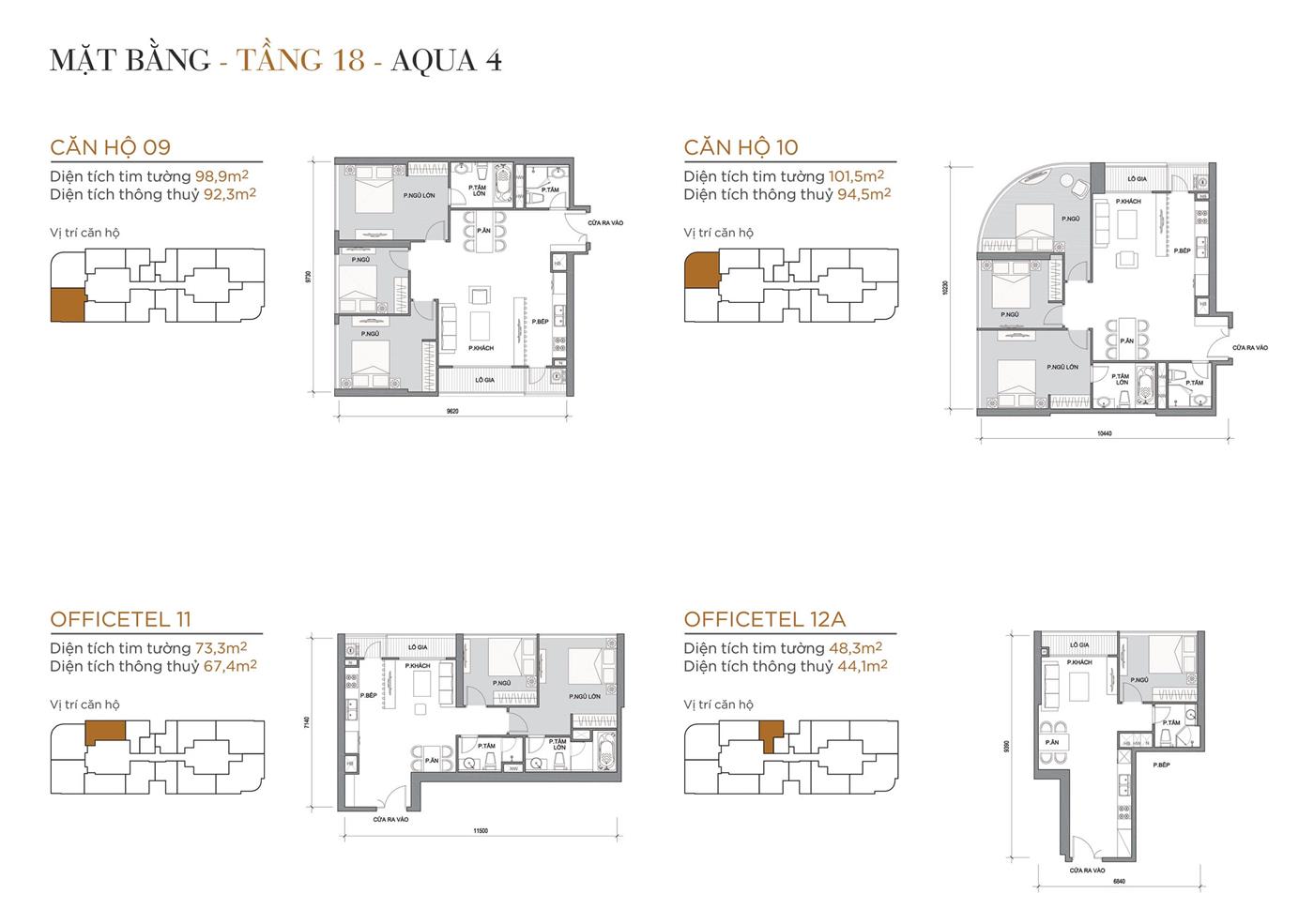 Layout thiết kế điển hình Tầng 18 Tòa Aqua 4 loại Căn hộ 09, Căn hộ 10, Officetel 11, Officetel 12A.