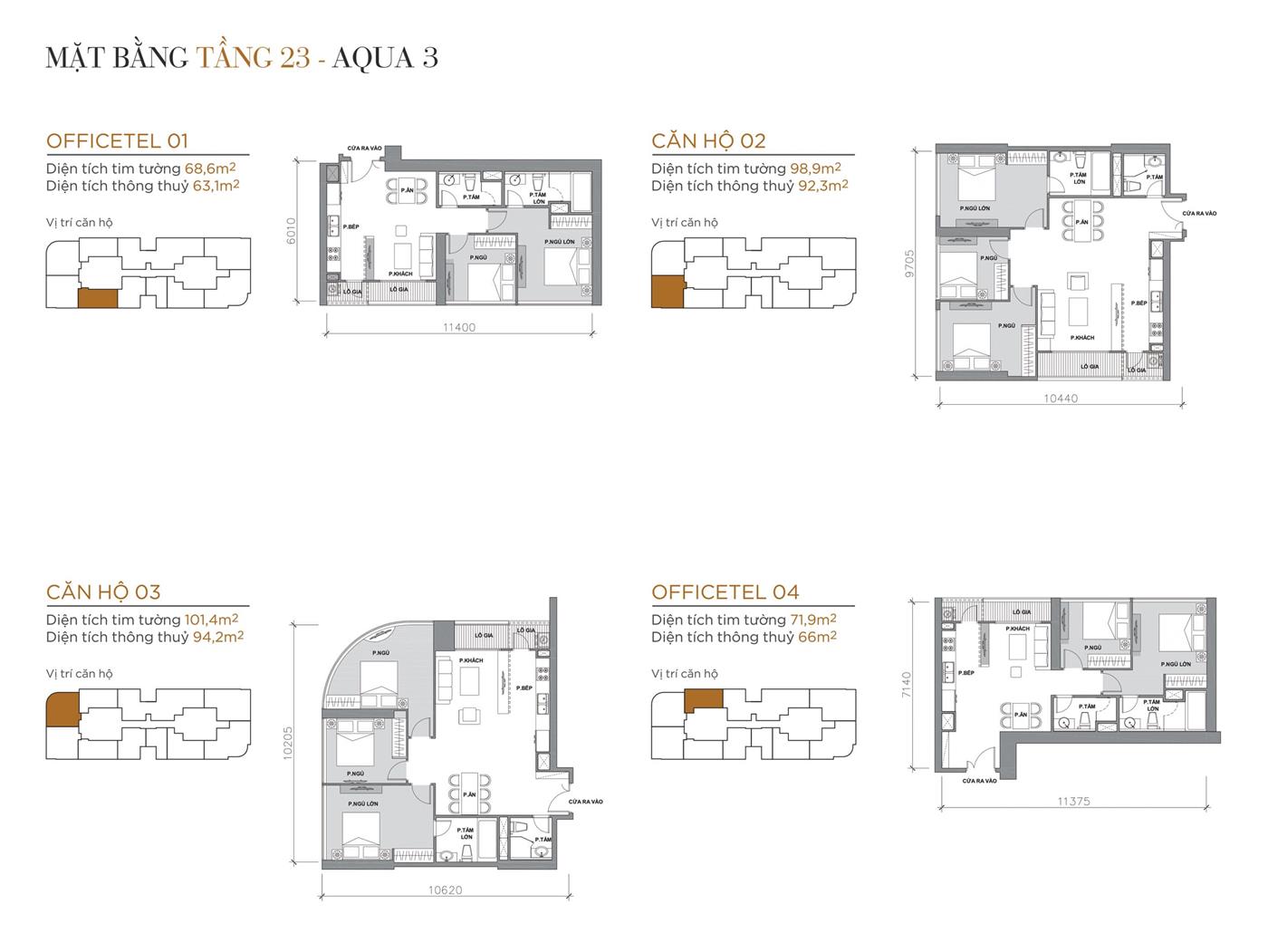 Layout thiết kế điển hình Tầng 23 Tòa Aqua 3 loại Officetel 01, Căn hộ 02, Căn hộ 03, Officetel 04.