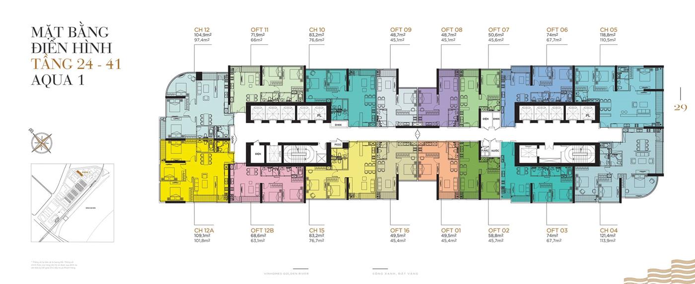 Layout điển hình Tầng 24 đến Tầng 41, Tòa Aqua 1 Vinhomes Golden River.