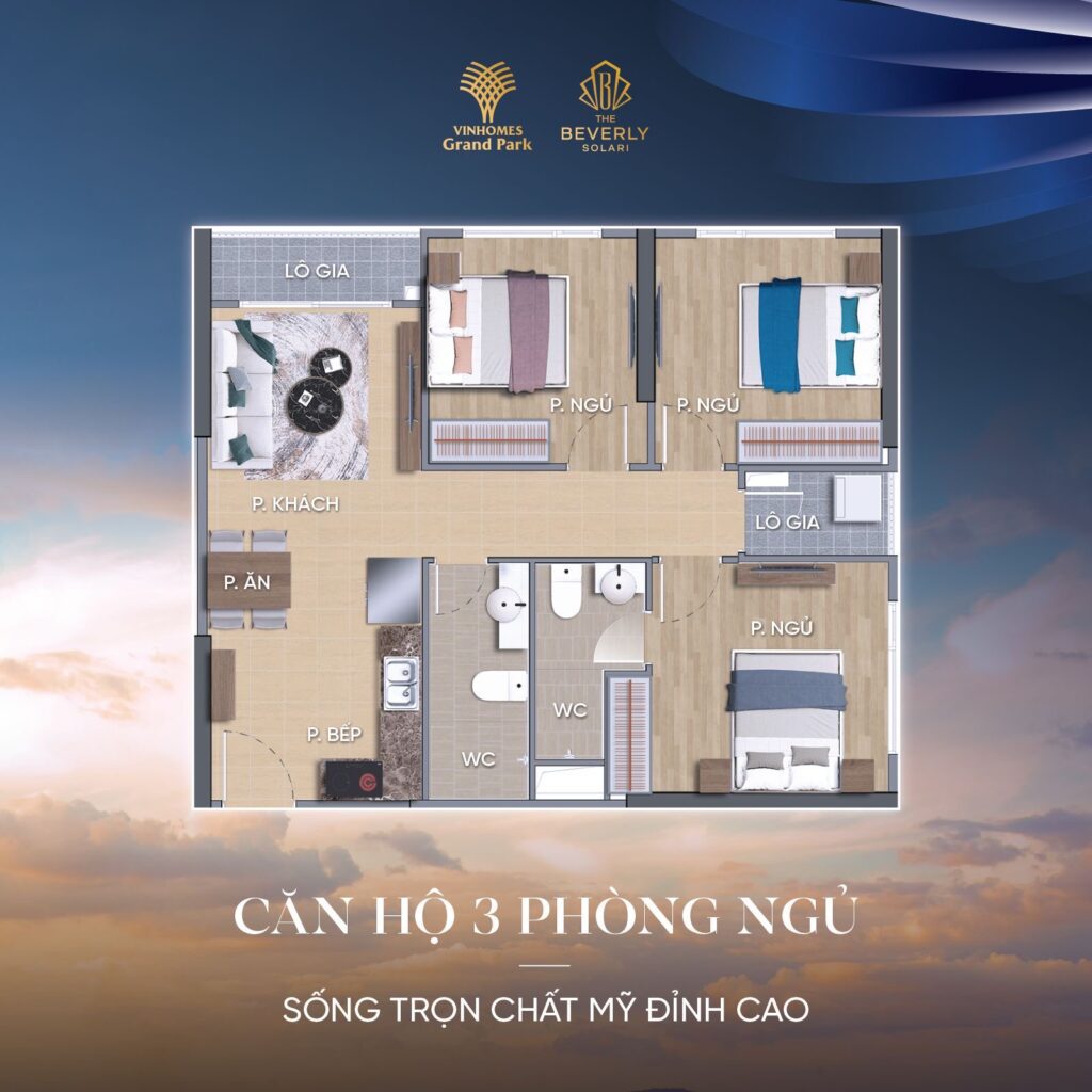 Layout thiết kế căn hộ 3PN - The Tropical
