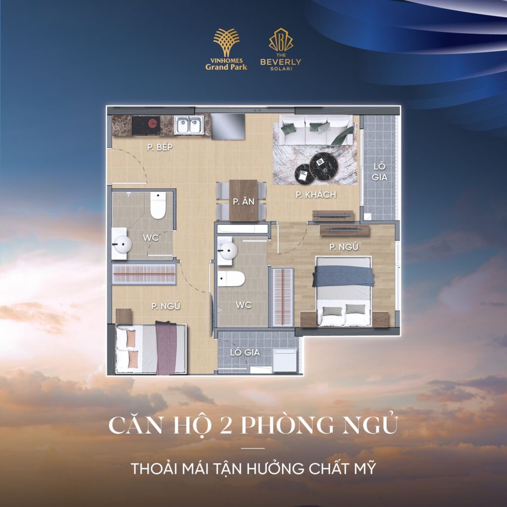 Layout thiết kế căn hộ 2PN - The Tropical
