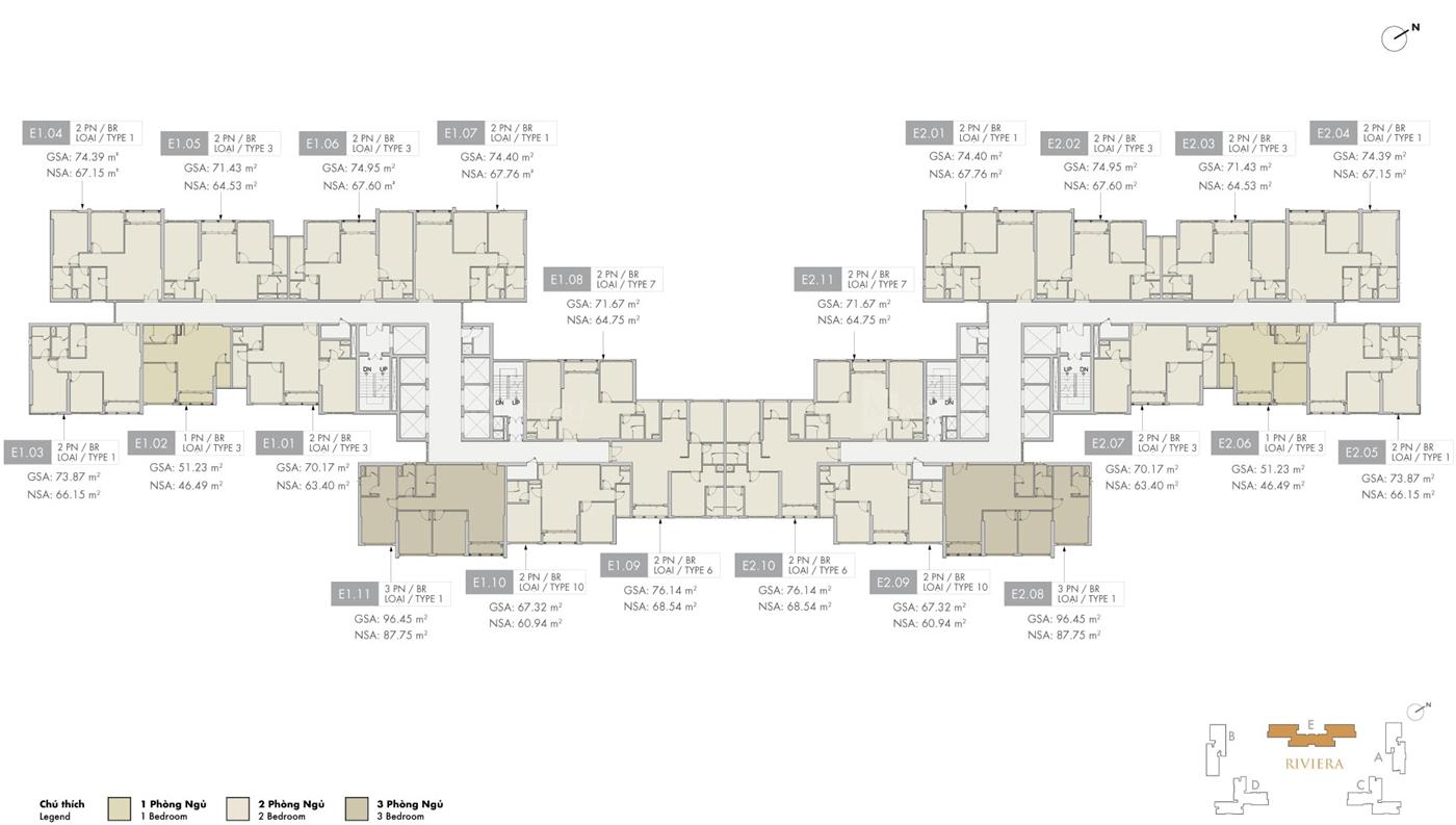 Mặt bằng tầng điển hình tòa E1 + E2 Masteri Centre Point