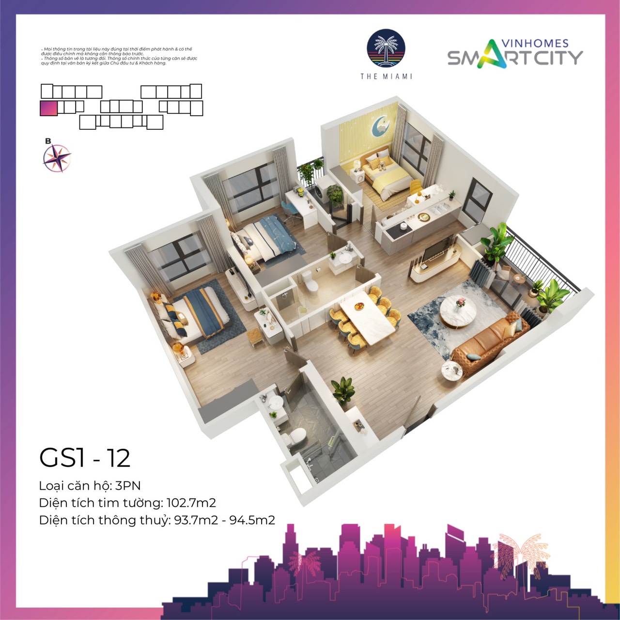 Thiết kế 3D căn hộ 3PN GS1 Vinhomes Smart City