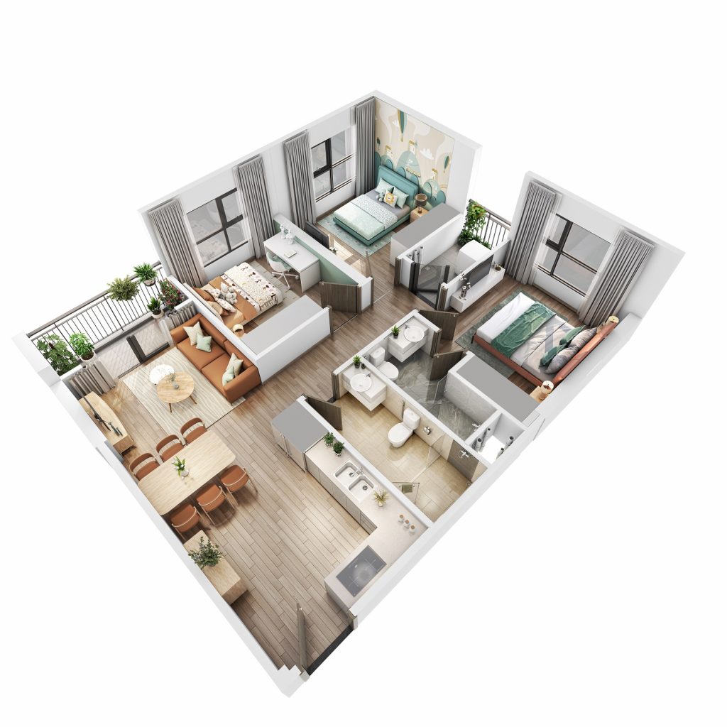 Thiết kế 3D căn hộ 3PN GS2 Vinhomes Smart City 75m2