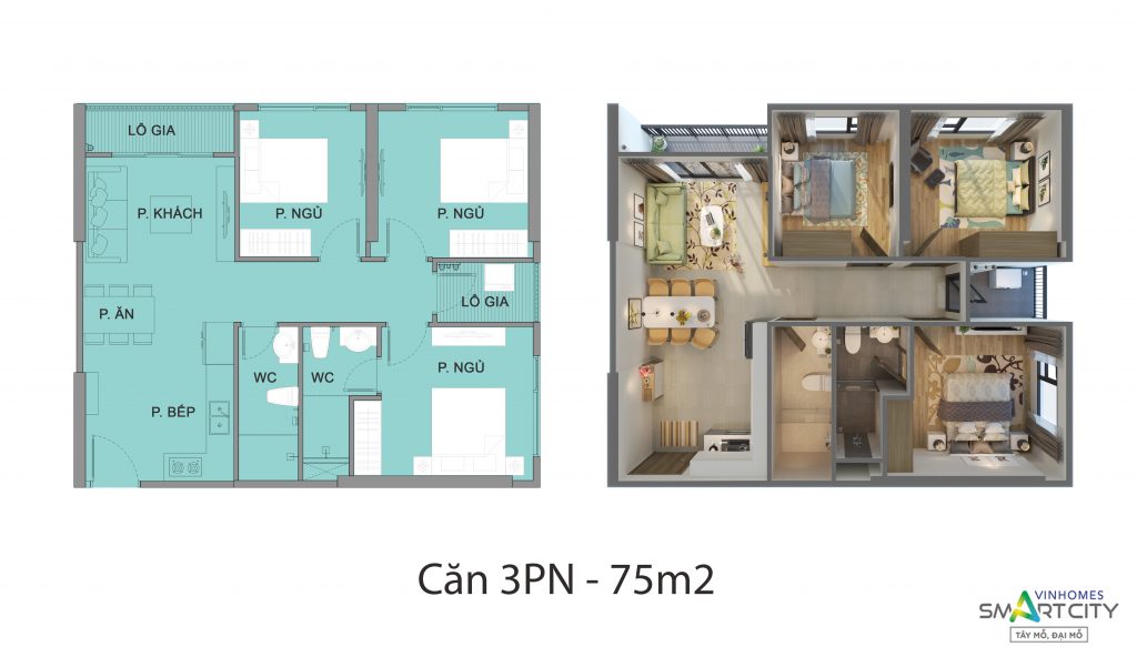 Thiết kế căn hộ 3PN toà S2.05 Vinhomes Smart City