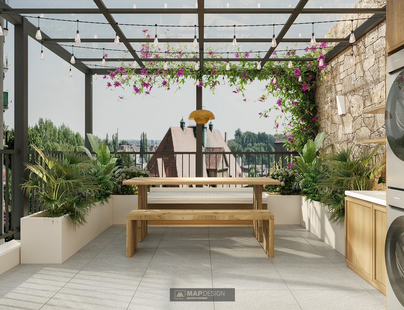 Sân thượng kết hợp 2 công năng giữa vườn mini để thư giãn và khu vực giặt đồ.