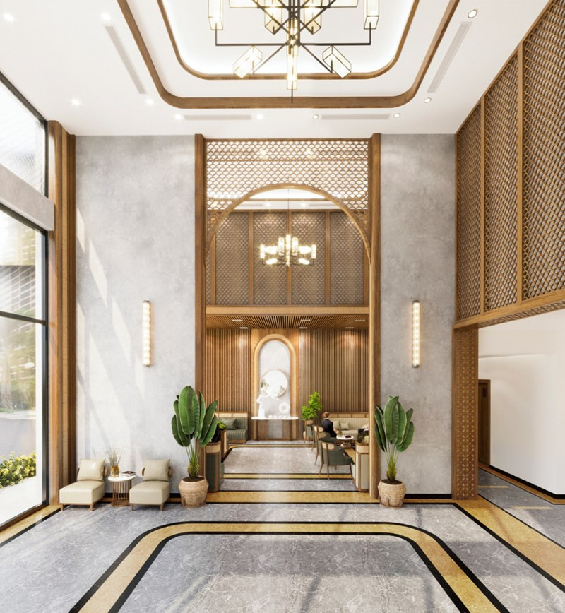 Sự sang trọng toát ra từ những chi tiết nhỏ như chiếc đèn pha lê và đèn treo tường tinh xảo.