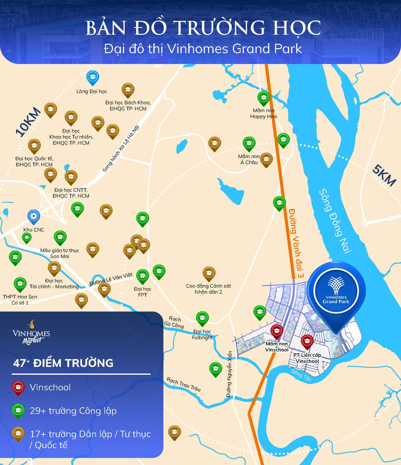 Từ Vinhomes Grand Park, cư dân có thể tiếp cận Làng Đại học Quốc gia và nhiều trường đại học lớn