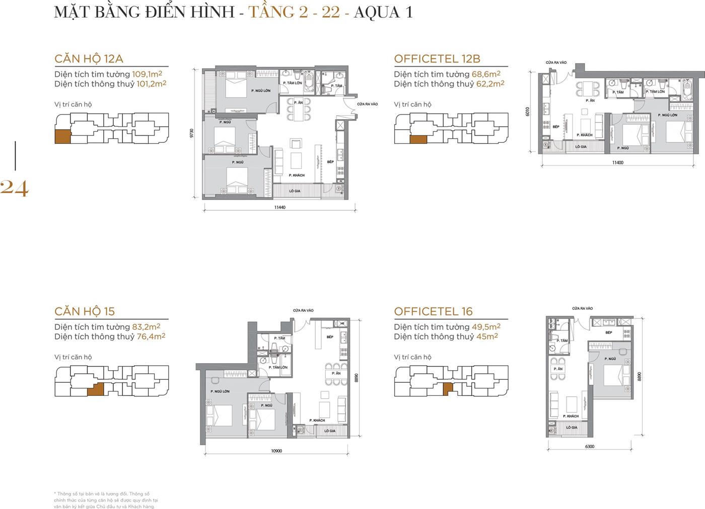 Layout thiết kế điển hình Tầng 2 đến Tầng 22 Tòa Aqua 1 loại căn hộ 12A, Officetel 12B, căn hộ 15, Officetel 16.
