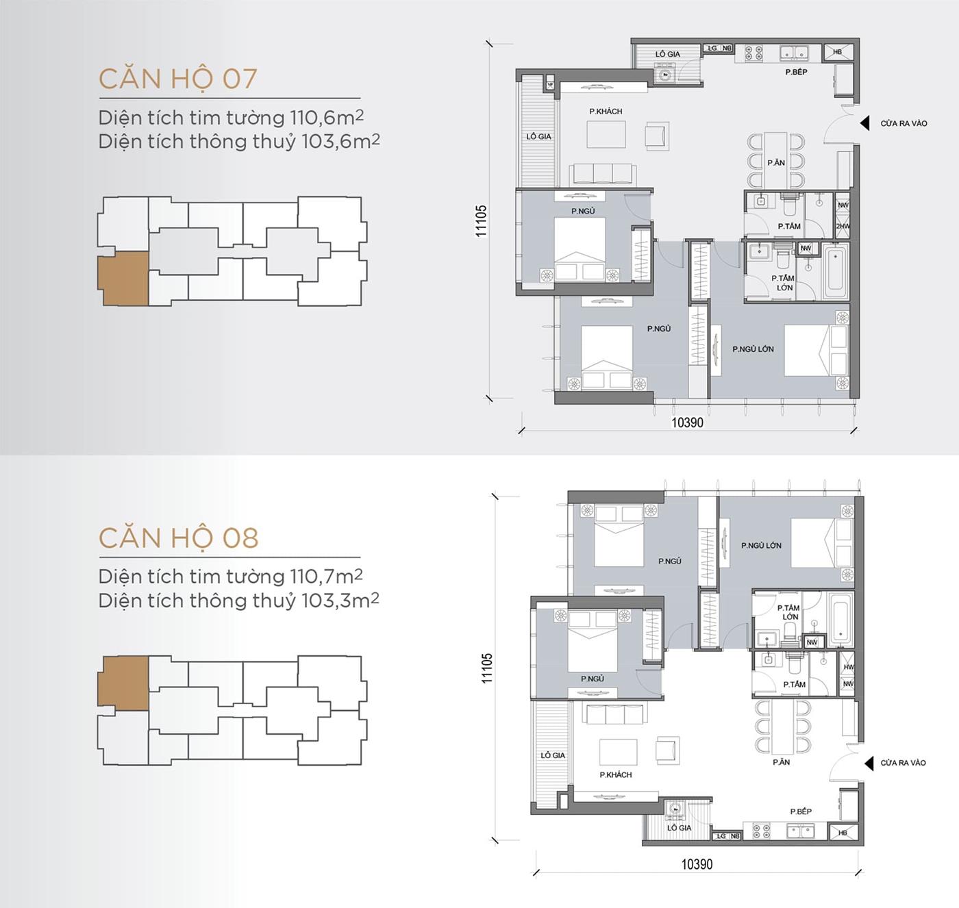 Layout thiết kế tầng điển hình Tòa Lux 6 loại Căn hộ 07, Căn hộ 08.