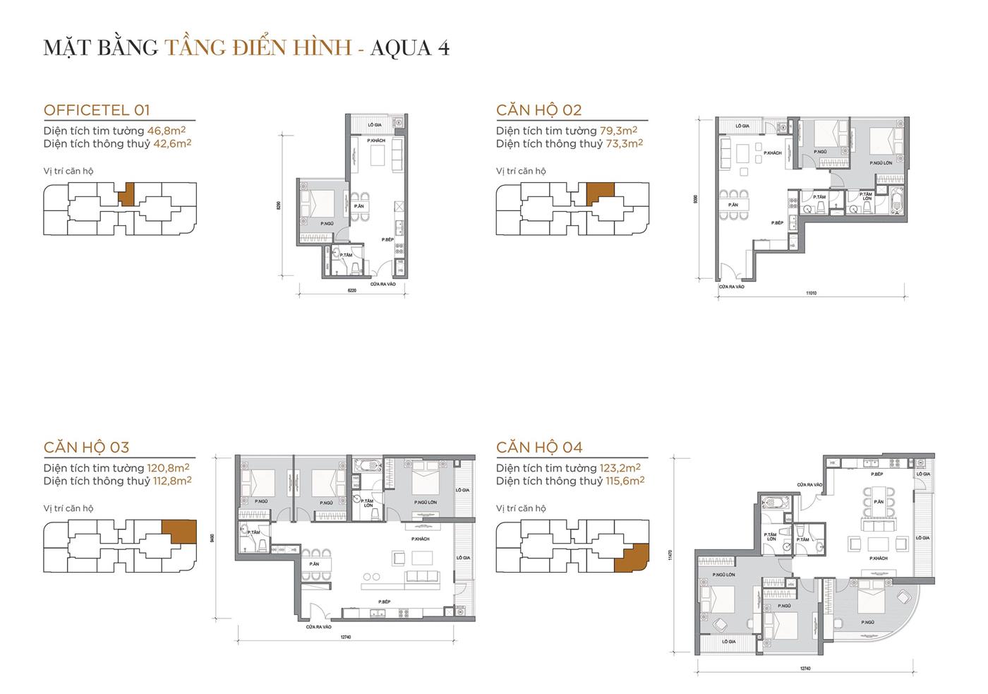 Layout thiết kế tầng điển hình Tòa Aqua 4 loại Officetel 01, Căn hộ 02, Căn hộ 03, Căn hộ 04.