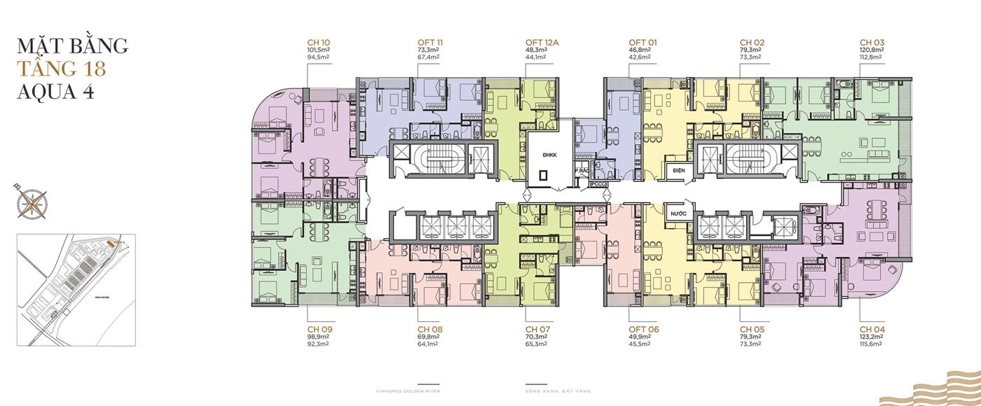 Măt bằng điển hình Tầng 18 Tòa Aqua 4 Vinhomes Golden River.
