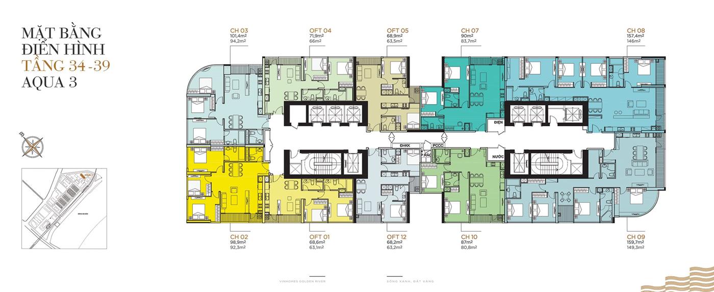Măt bằng điển hình Tầng 34 đến Tầng 39 Tòa Aqua 3 Vinhomes Golden River.