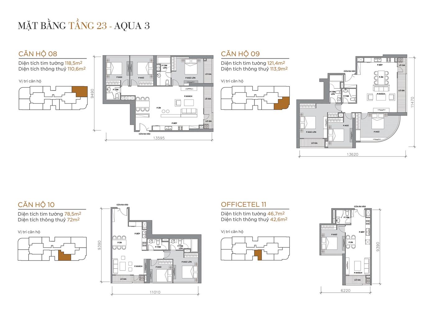 Layout thiết kế điển hình Tầng 23 Tòa Aqua 3 loại Căn hộ 08, Căn hộ 09, Căn hộ 10, Officetel 11.