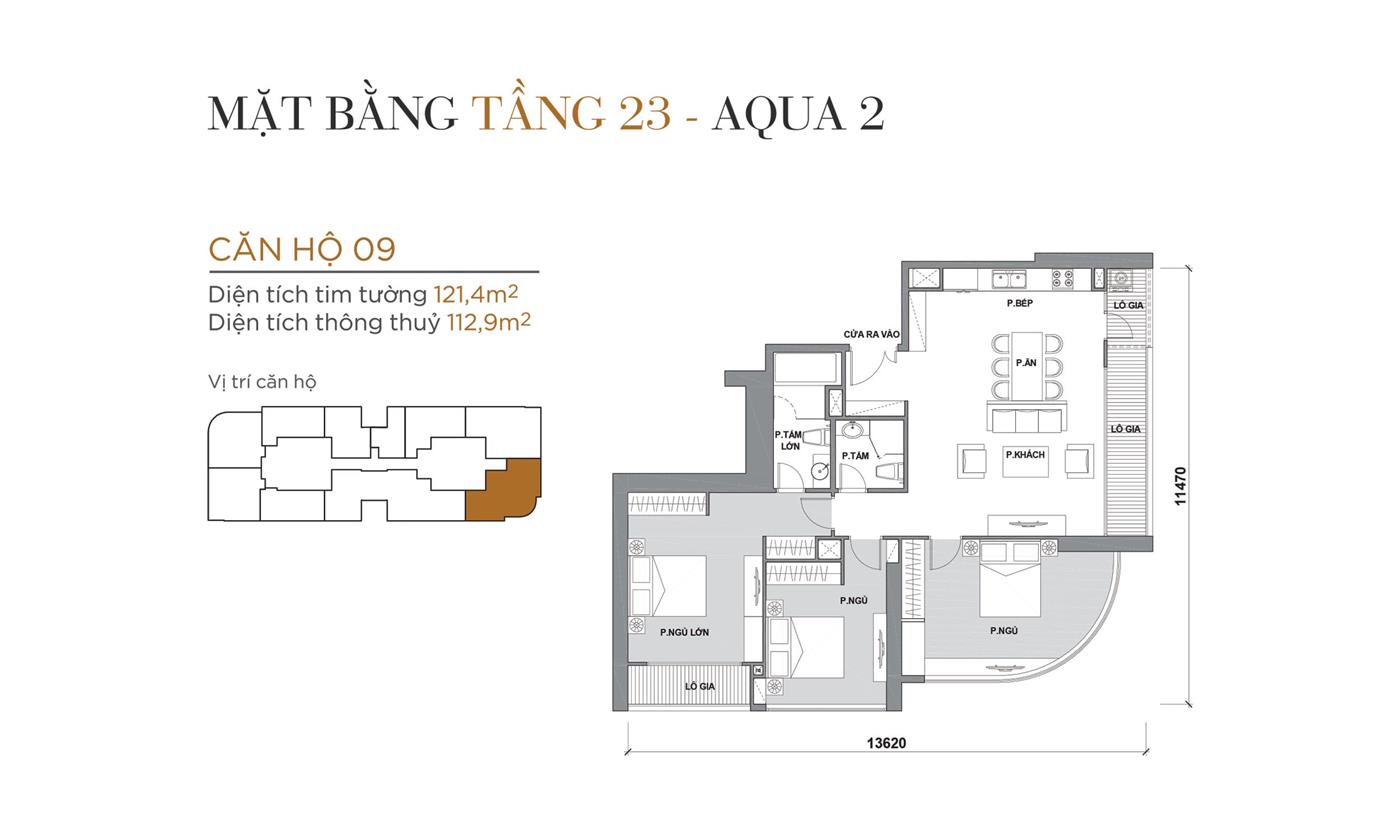 Layout thiết kế điển hình Tầng 23 Tòa Aqua 2 loại Căn hộ 09.