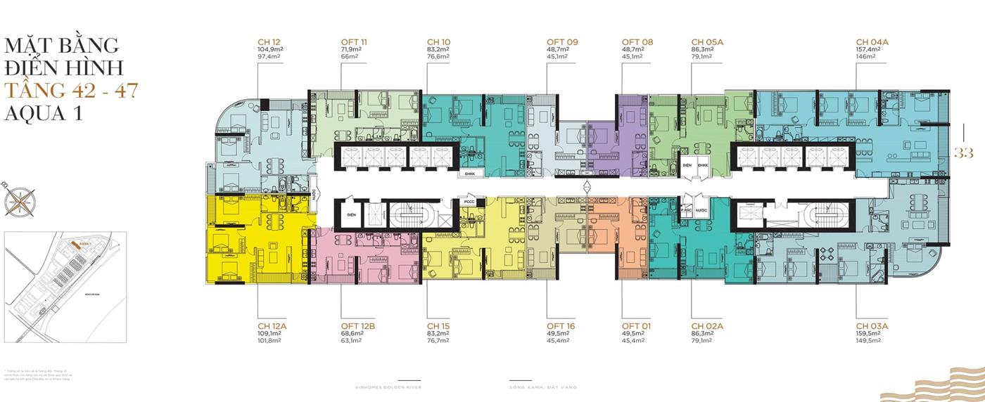 Layout điển hình Tầng 42 đến Tầng 47, Tòa Aqua 1 Vinhomes Golden River.