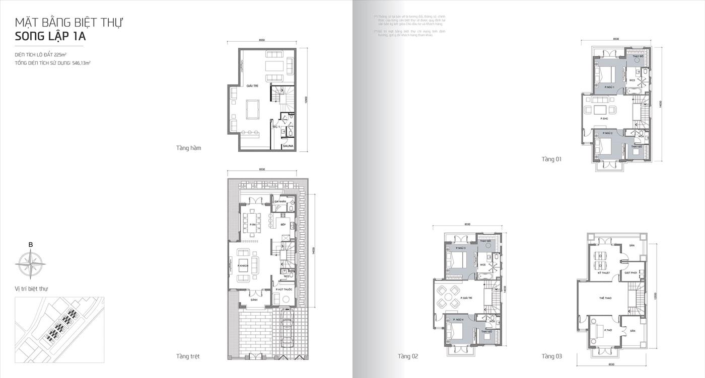 Mặt bằng biệt thự Bason The Victoria mẫu Song Lập 1A.