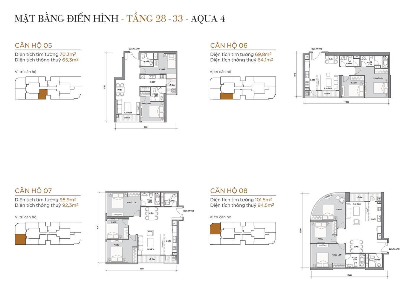 Layout thiết kế điển hình Tầng 28 đến Tầng 33 Tòa Aqua 4 loại Căn hộ 05, Căn hộ 06, Căn hộ 07, Căn hộ 08.