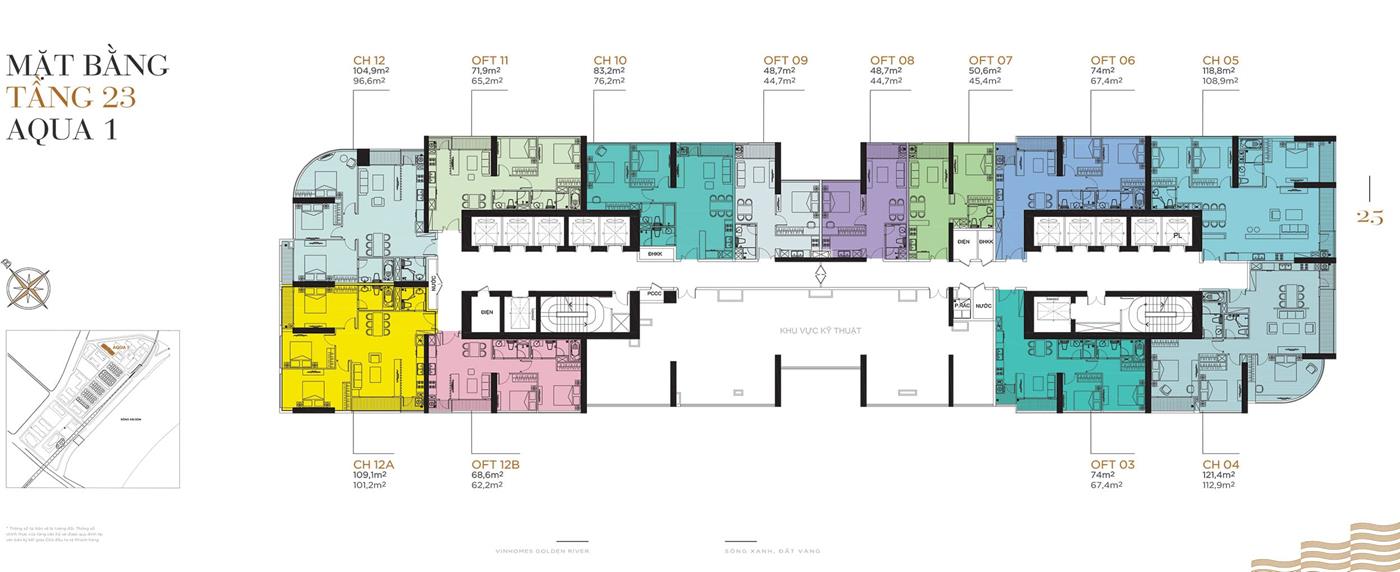 Layout điển hình Tầng 23, Tòa Aqua 1 Vinhomes Golden River.