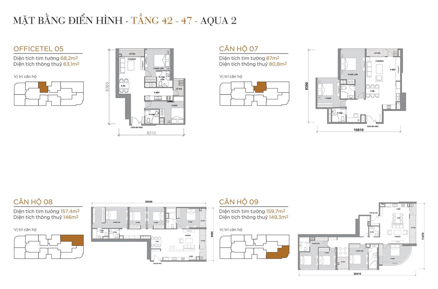 Layout thiết kế điển hình Tầng 42 đến Tầng 47 Tòa Aqua 2 loại Officetel 05, Căn hộ 07, Căn hộ 08, Căn hộ 09.