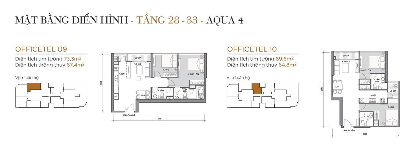 Layout thiết kế điển hình Tầng 28 đến Tầng 33 Tòa Aqua 4 loại Officetel 09, Officetel 10.