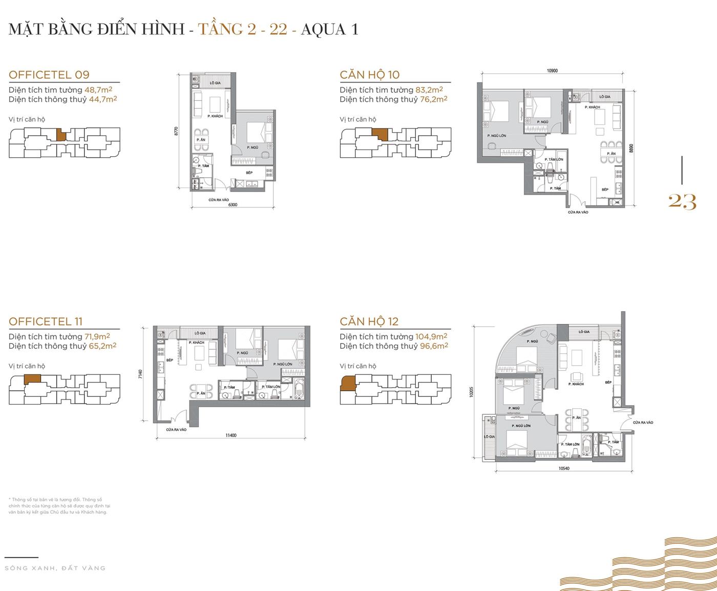 Layout thiết kế điển hình Tầng 2 đến Tầng 22 Tòa Aqua 1 loại Căn hộ Officetel 09, căn hộ 10, căn hộ Officetel 11, căn hộ 12.