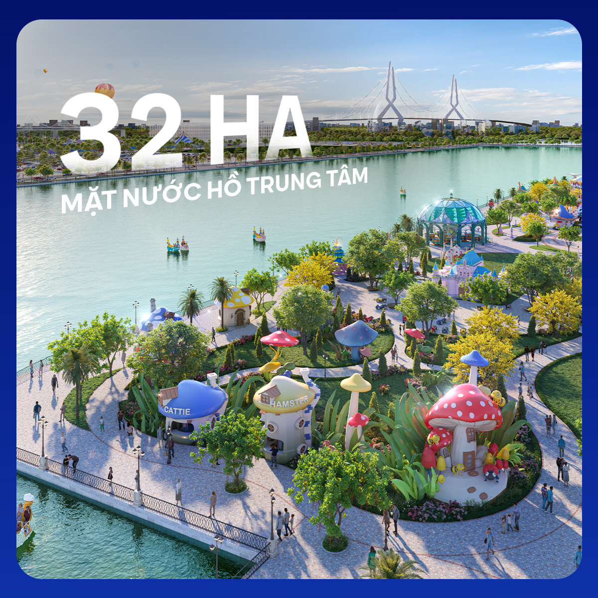 32ha mặt hồ nước trung tâm đem lại bầu không khí thoáng đãng, mát mẻ cho toàn bộ khu vui chơi.