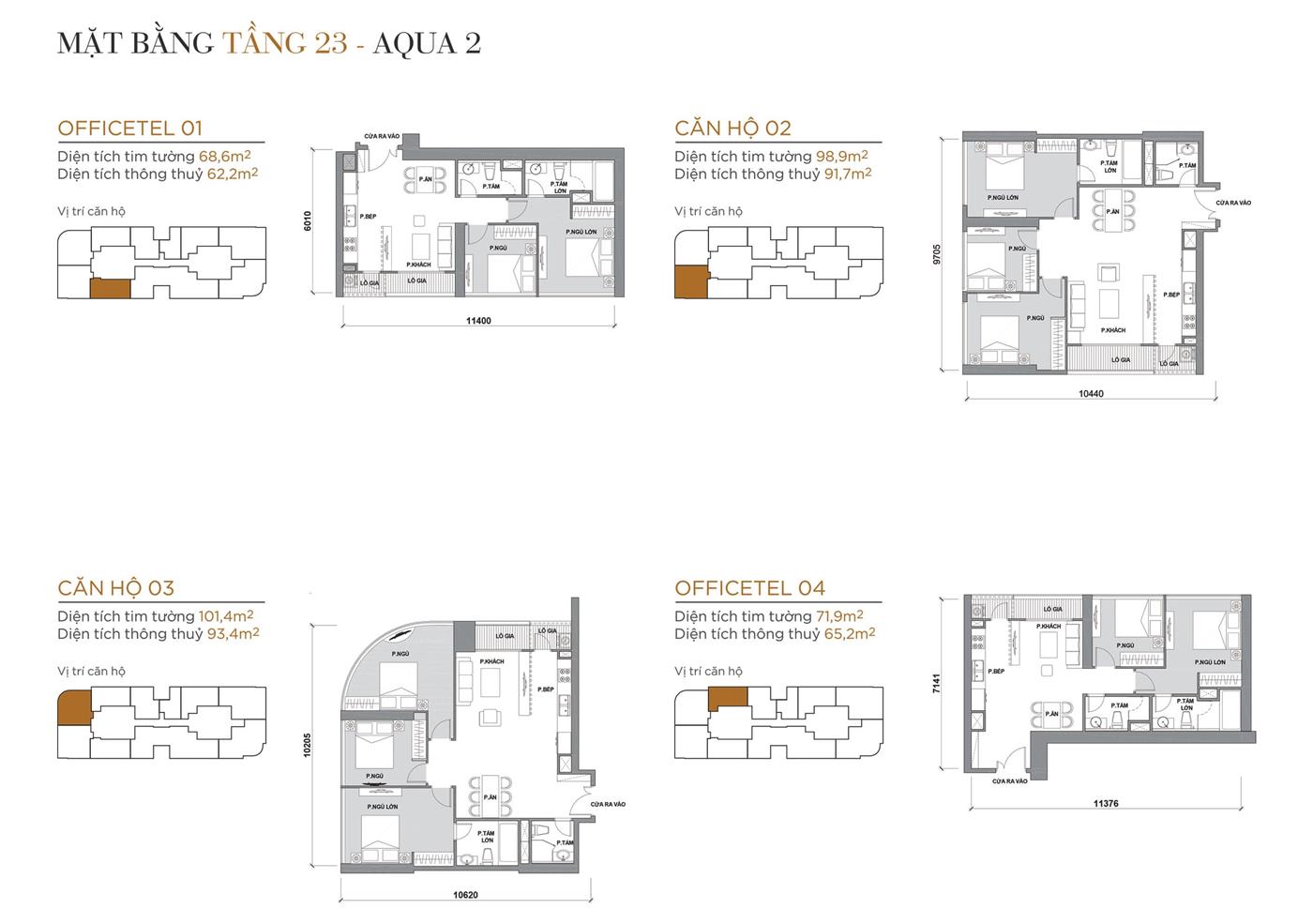 Layout thiết kế điển hình Tầng 23 Tòa Aqua 2 loại Officetel 01, Căn hộ 02, Căn hộ 03, Officetel 04.