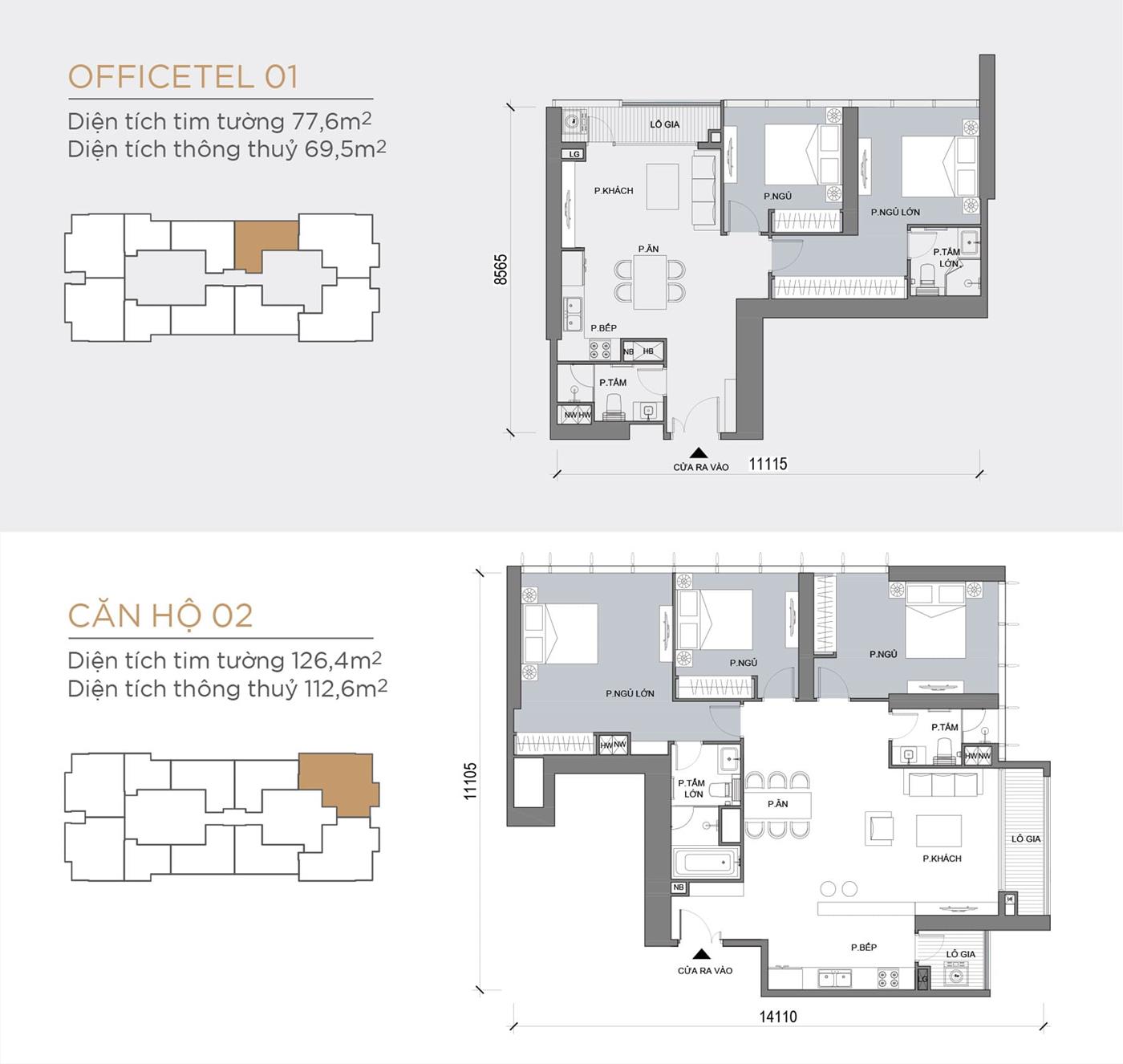 Layout thiết kế tầng điển hình Tòa Lux 6 loại Officetel 01, Căn hộ 02.