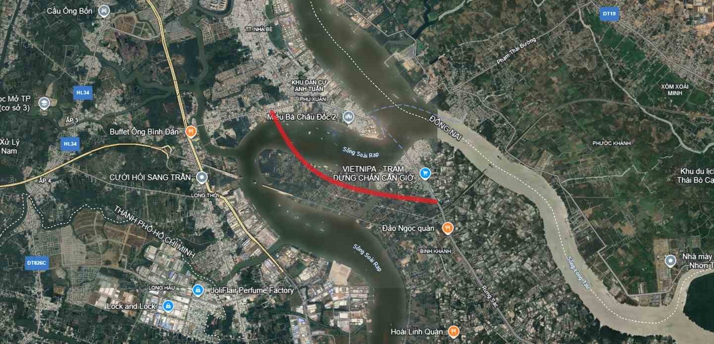 Cầu Cần Giờ vượt sông Soài Rạp, nối vào đường Rừng Sác, cách bến phà Bình Khánh hiện hữu khoảng 2,5 km về phía Nam.