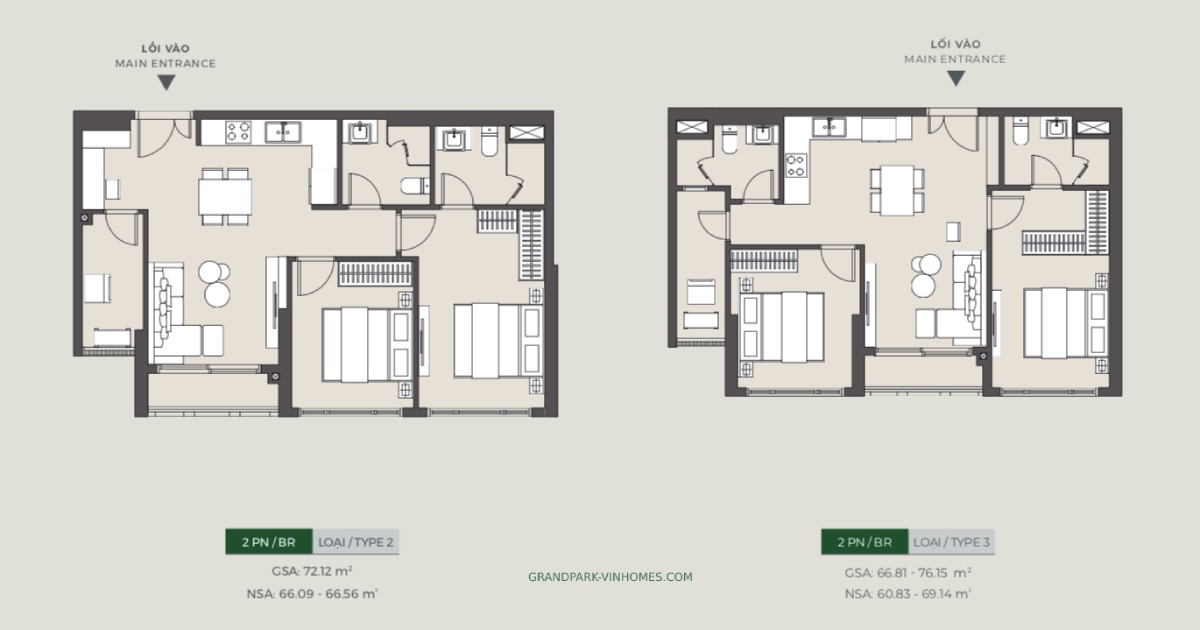 Mặt bằng thiết kế chi tiết căn hộ 2PN loại 2-3