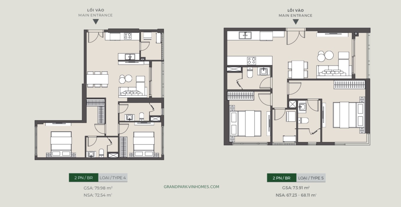 Mặt bằng thiết kế chi tiết căn hộ 2PN loại 4-5