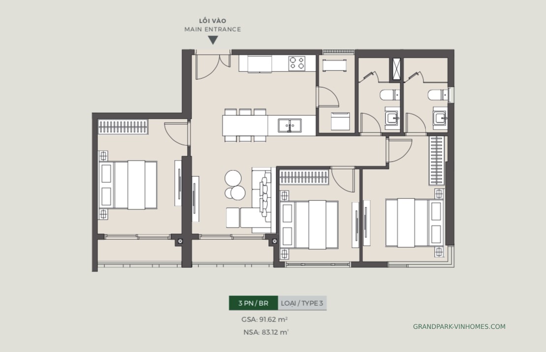 Mặt bằng thiết kế chi tiết căn hộ 3PN loại 3