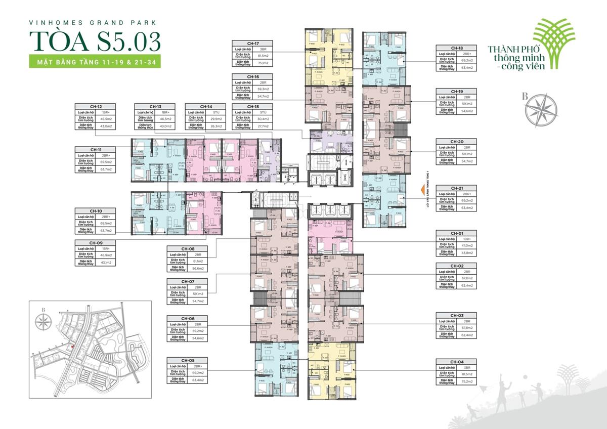 Mặt bằng tầng 11-19 và 21-34 toà S5.03 - The Rainbow