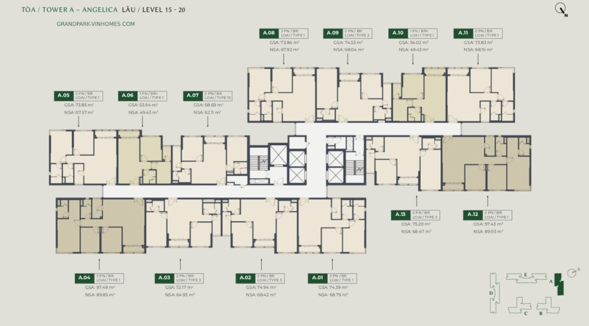 Mặt bằng tầng điển hình tòa A lầu 15-20