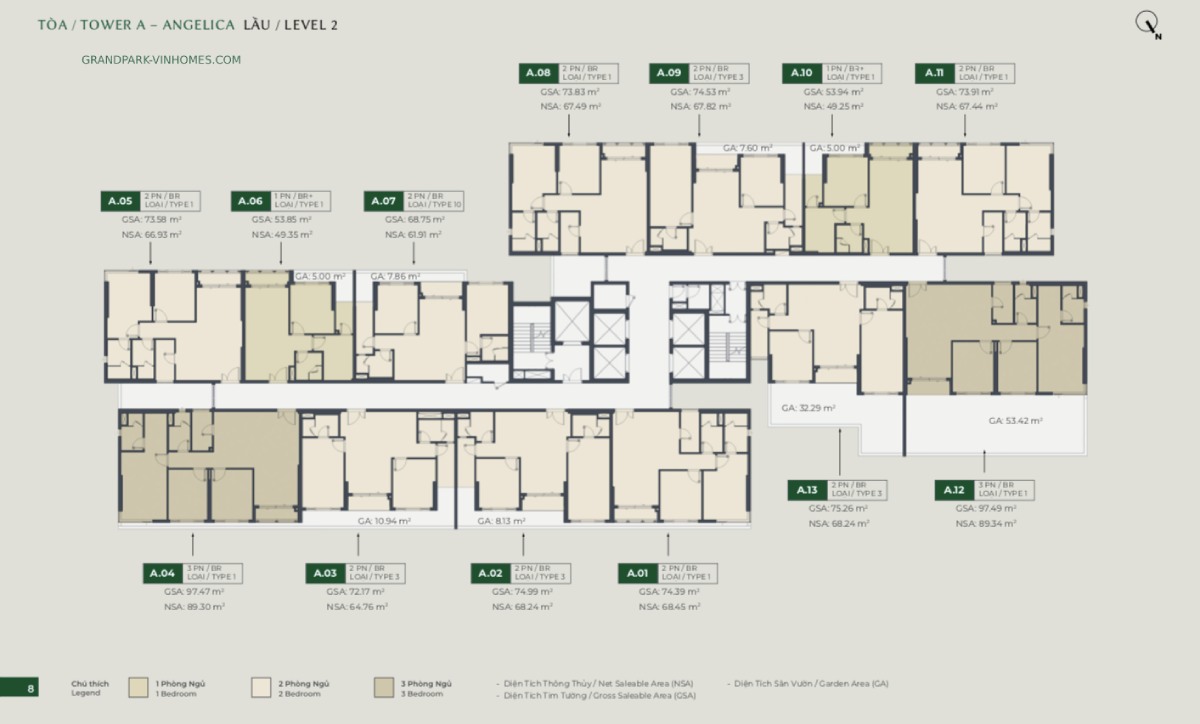 Mặt bằng tầng điển hình tòa A lầu 2