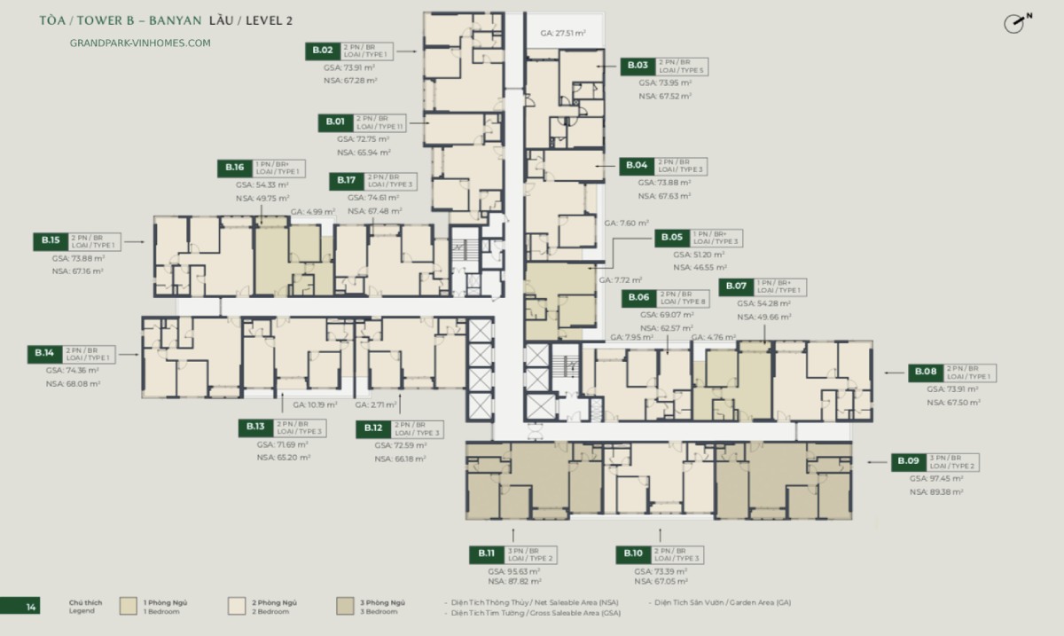 Mặt bằng tầng điển hình tòa B lầu 2