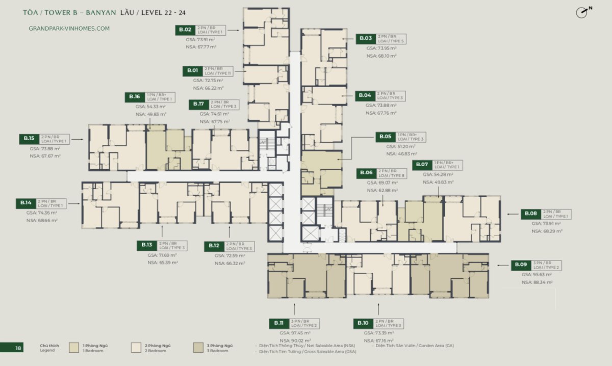 Mặt bằng tầng điển hình tòa B lầu 22-24