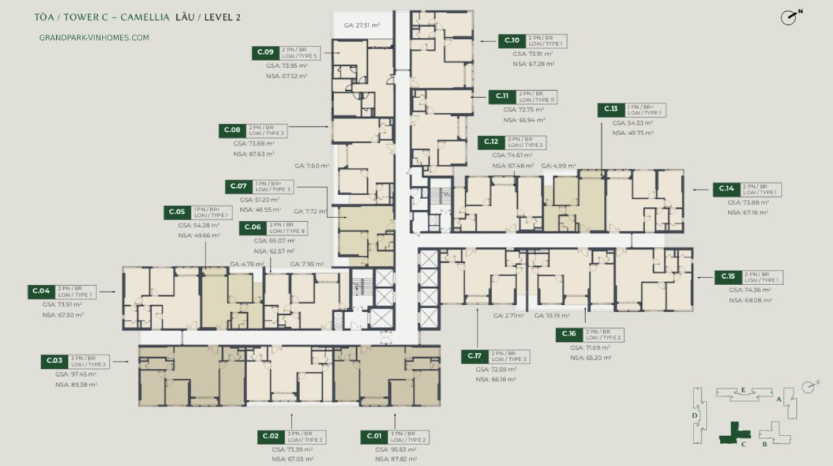 Mặt bằng tầng điển hình tòa C lầu 2