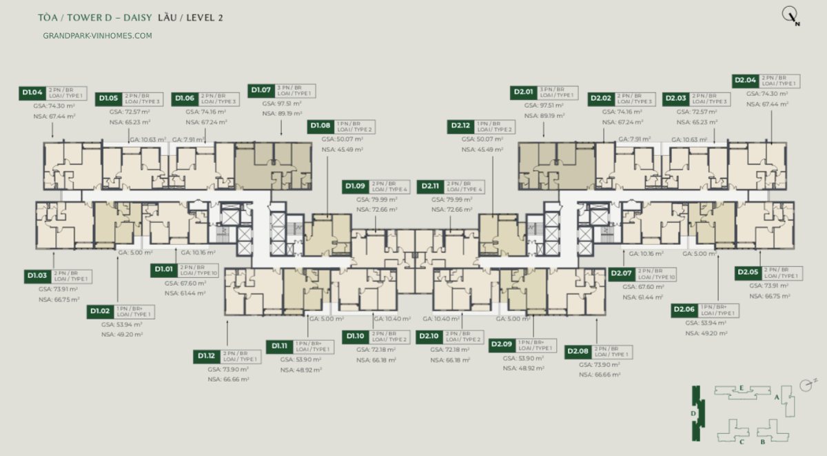 Mặt bằng tầng điển hình tòa D lầu 2