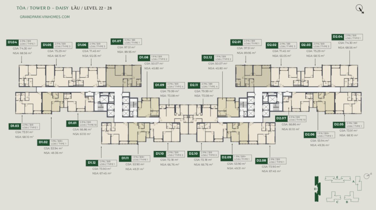 Mặt bằng tầng điển hình tòa D lầu 22-28