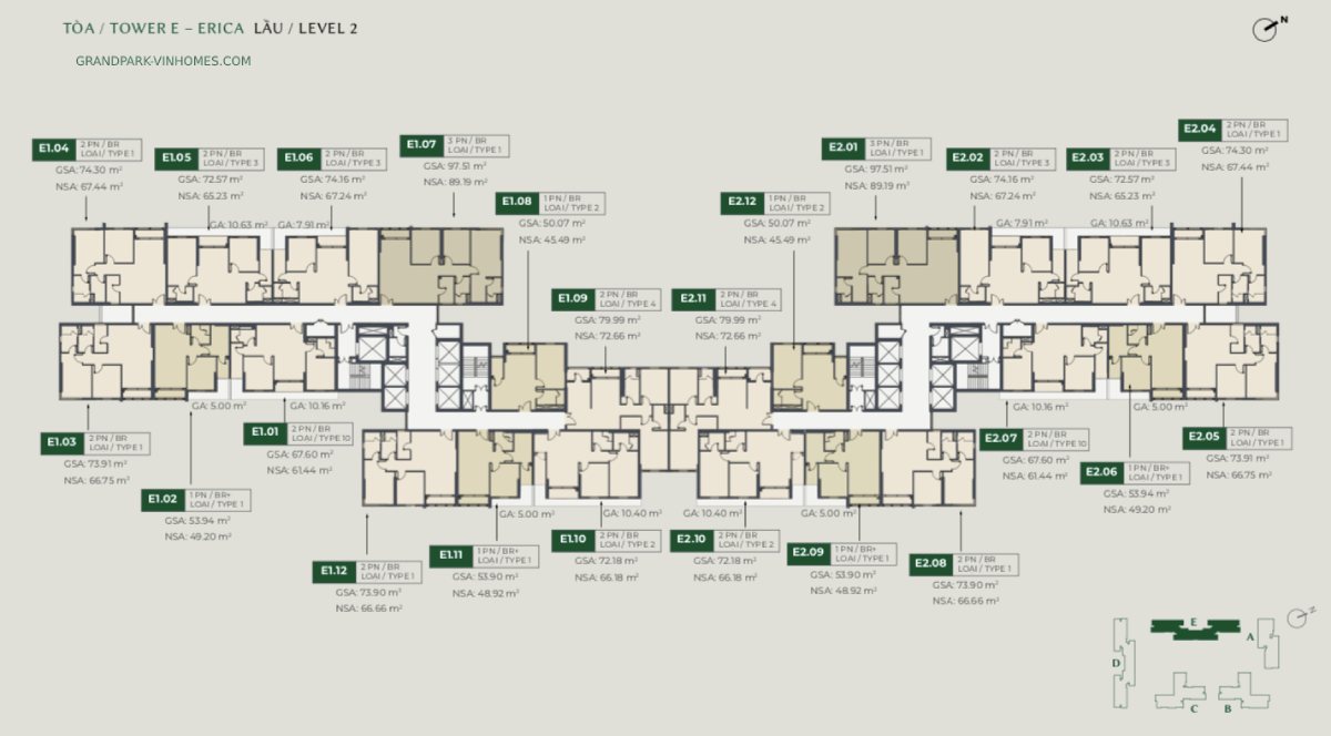 Mặt bằng tầng điển hình tòa E lầu 2