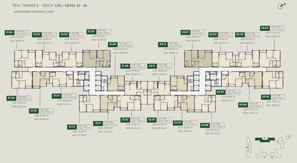 Mặt bằng tầng điển hình tòa E lầu 22-28