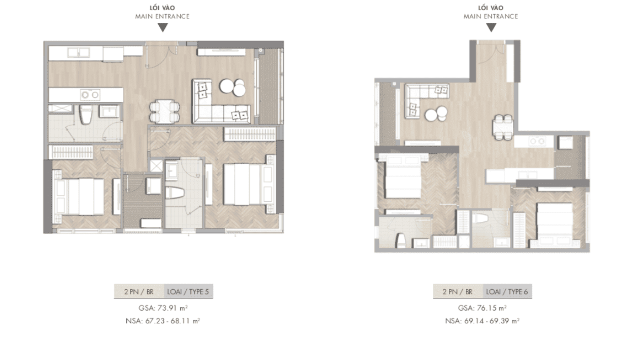Layout thiết kế căn hộ 2PN Masteri Centre Point loại 5-6